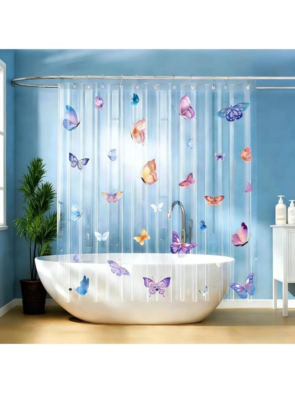 Colorful Clear Butterfly Shower Curtain Liner, 72x72 Waterproof with Hooks
